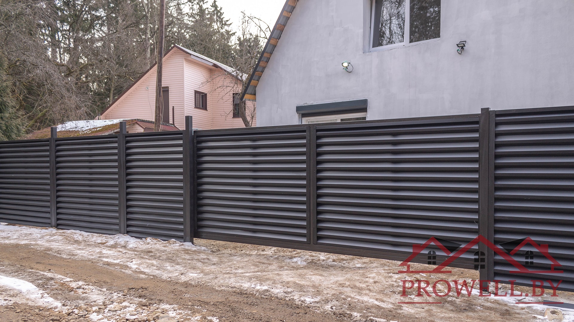 Ограждение "Жалюзи" RAL 9005 (черный) MAT + 3D ограждение + калитка + ворота откатные